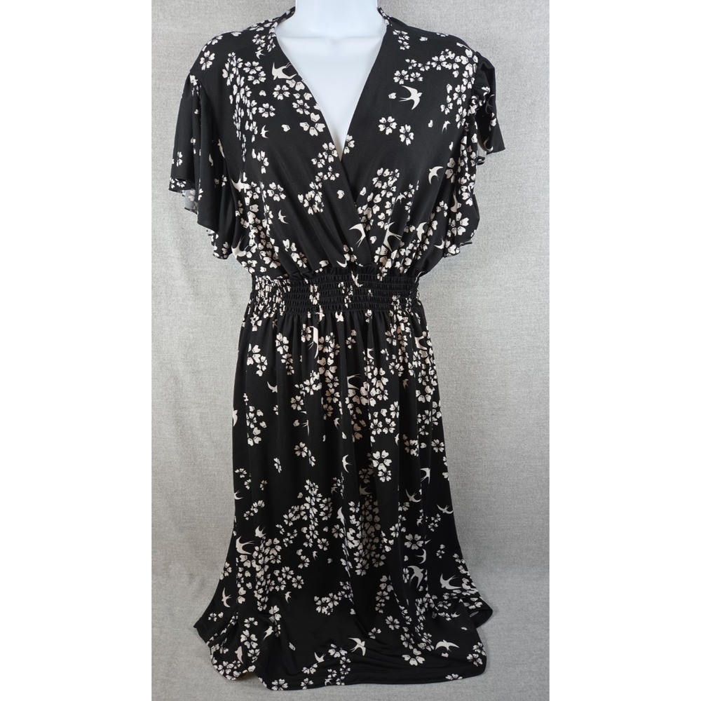Jon & Anna 2X Black Floral Midi Dress Flutter Sleeve Whimsigoth Flowy Ruched